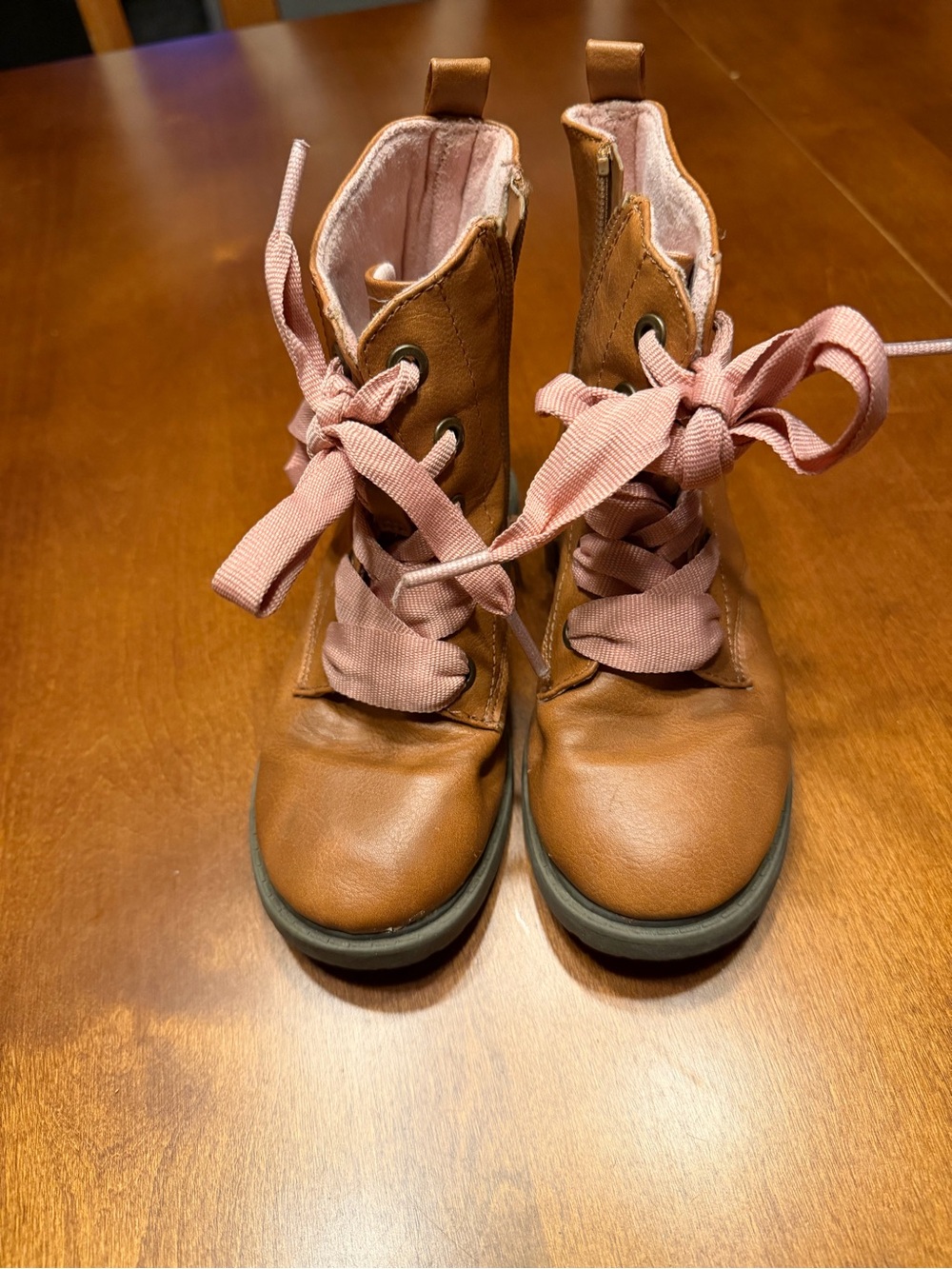 Cat & Jack Brown Kids Lace-Up Boots with Pink Ribbon Laces